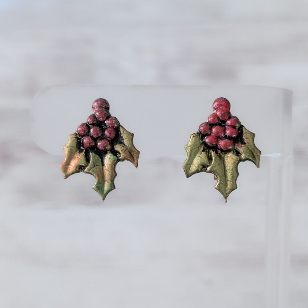 Vintage Clip On Earrings Holly & Berries Christmas Theme